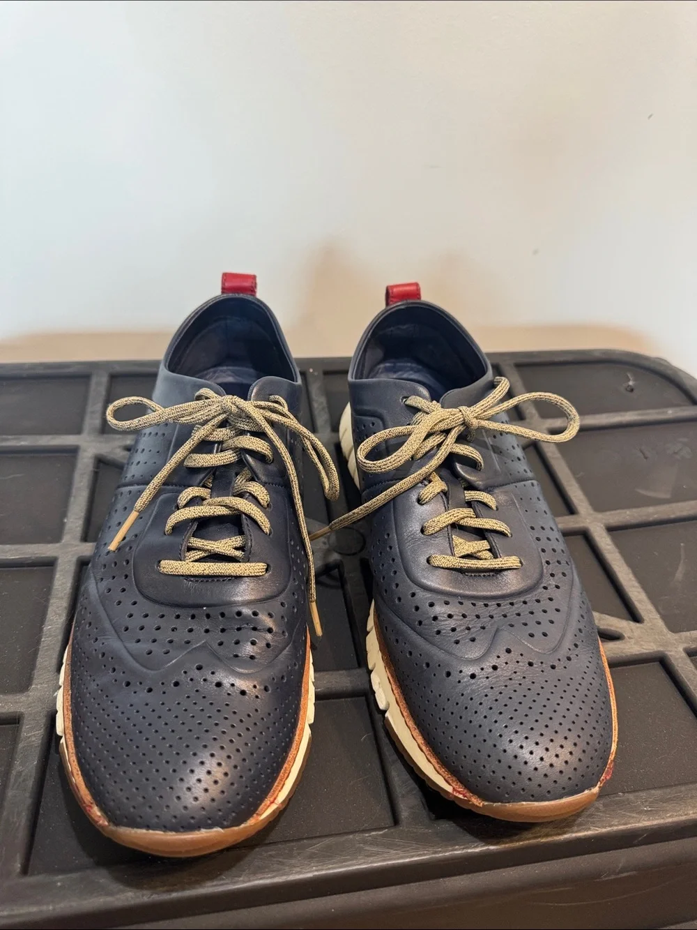 Cole Haan Navy Perforated Leather Oxfords with Tan Laces and Red Heel Tabs